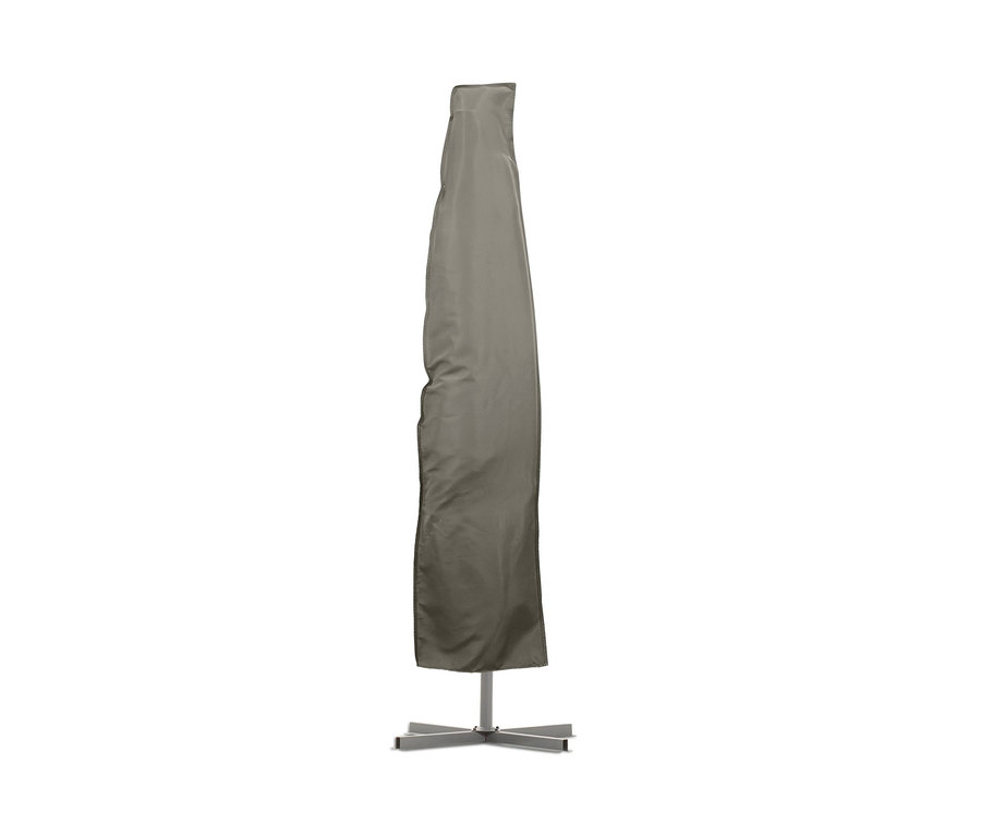 Ein anthrazitfarbener Leco Ampelschirm Ø 300 cm inklusive Schirmständer und Abdeckhaube.