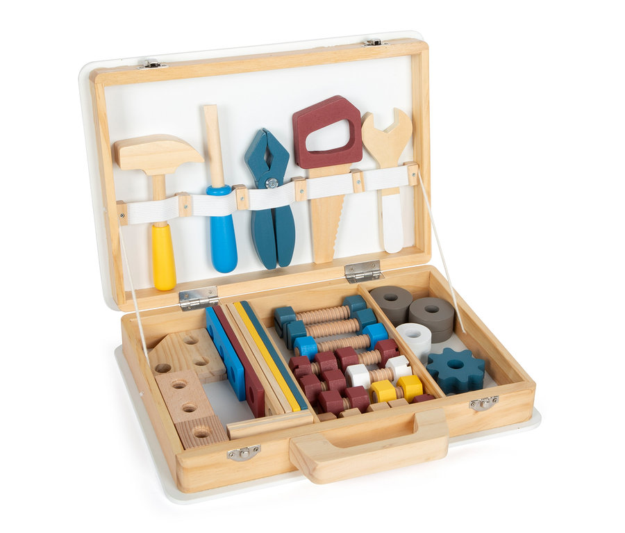 Offener Werkzeugkoffer »Workshop« von small foot mit diversen Werkzeugen aus Holz.