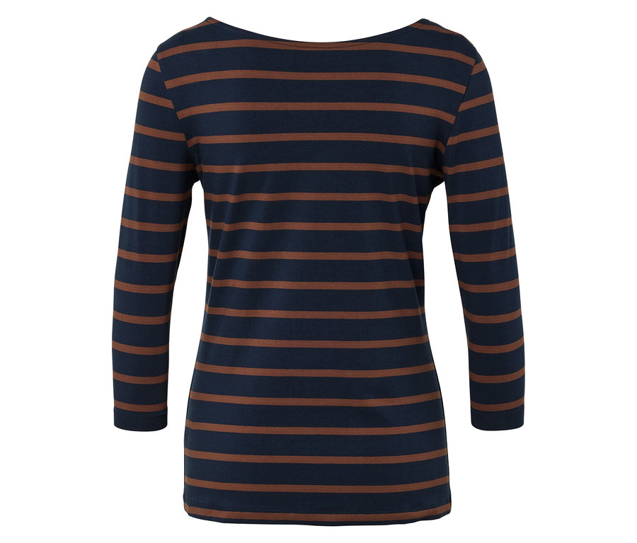 Ein blaues langärmeliges Damenoberteil mit braunen Streifen.