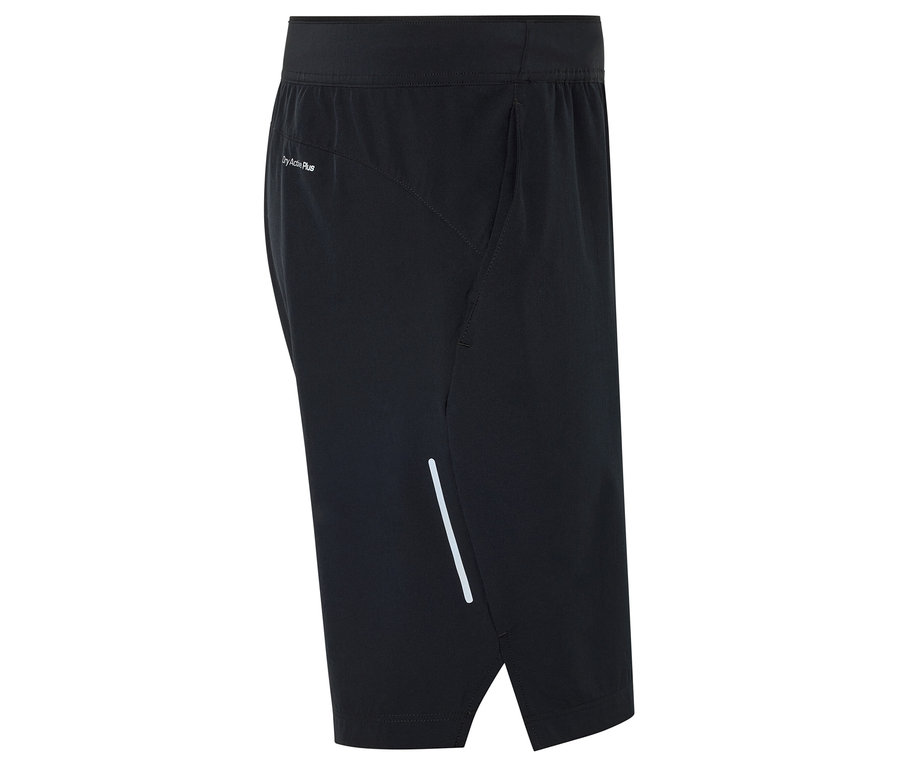 Schwarze Sportshorts mit Tasche und reflektierendem Streifen.