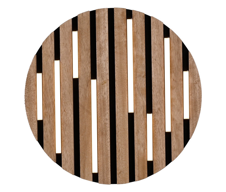 Kreisförmige Holzdekoration mit schwarzen Streifen.