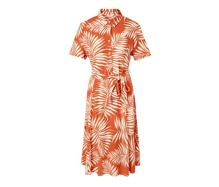 Orangefarbenes, bedrucktes Hemdblusenkleid mit Blättern und Gürtel.
