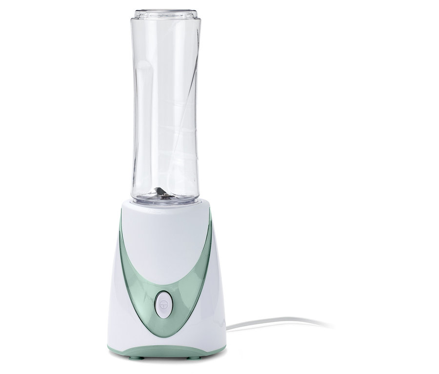 Ein Smoothie-Maker, 250 W, mit einem transparenten Behälter.