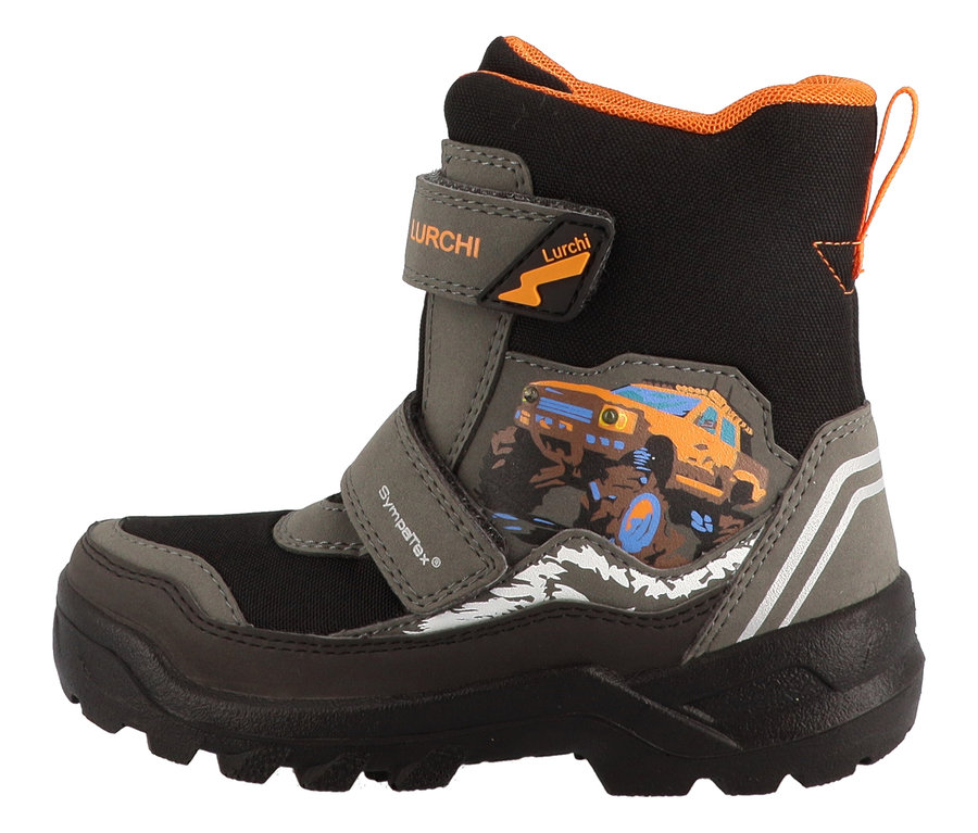 Schwarz-grauer LURCHI »Kojo-SYMPATEX« Winterstiefel mit orangefarbenen Details und Auto-Abbildung.