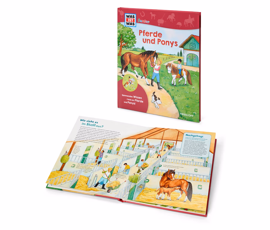 Ein aufgeschlagenes Buch mit Pferde- und Ponyillustrationen und ein zweites Buch mit dem Titel Pferde und Ponys.