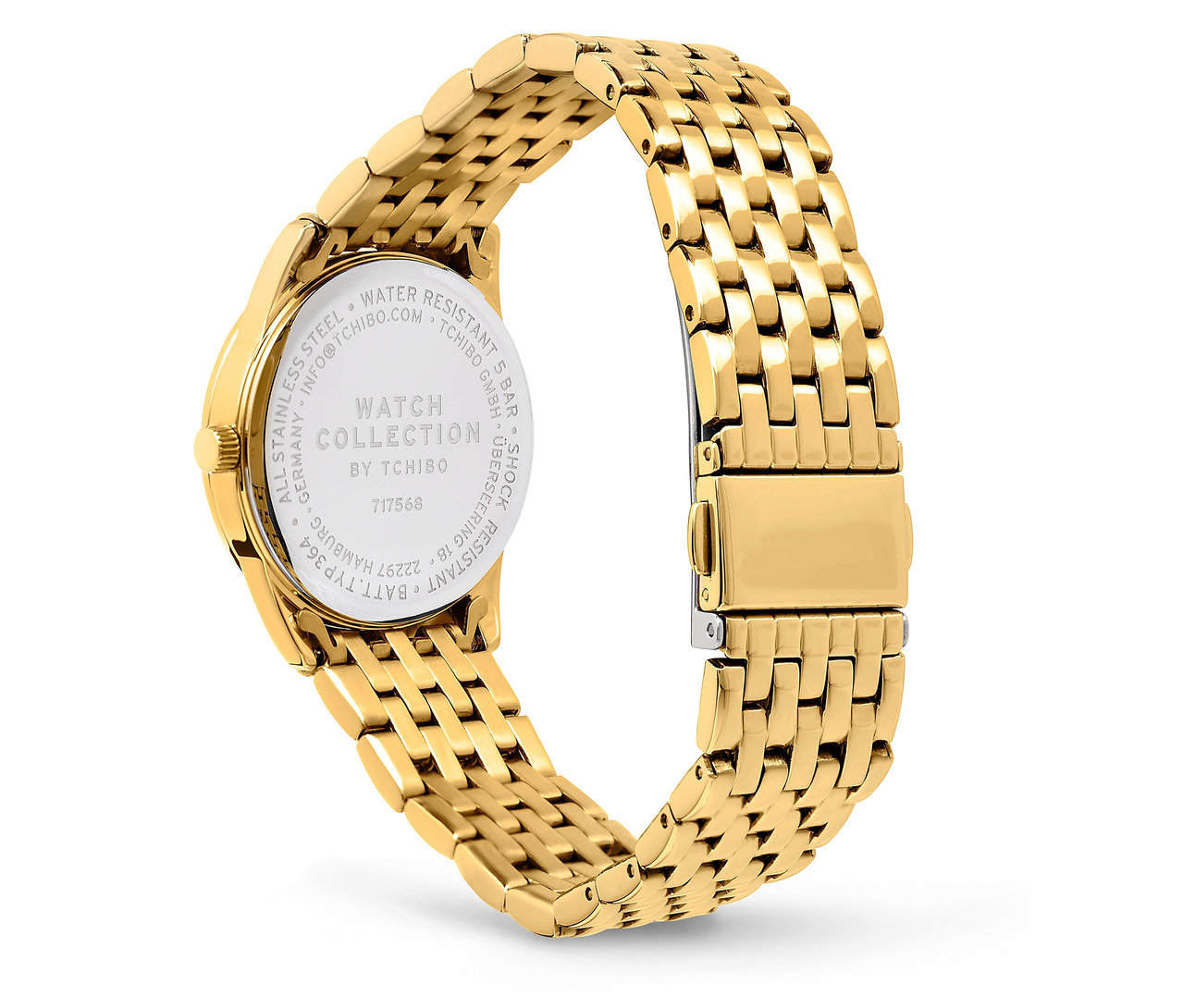 Detailansicht einer goldenen Uhr mit Metallarmband.