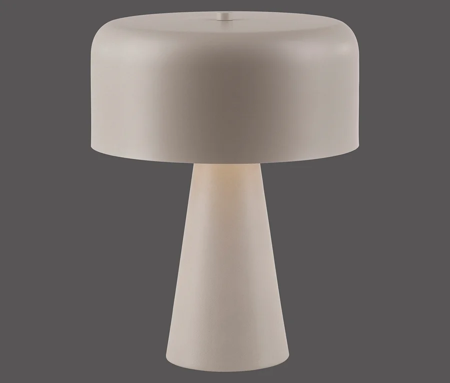 Beige Tischlampe mit konischem Fuß und zylindrischem Schirm.