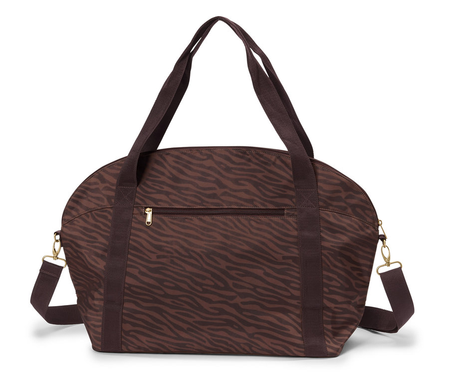 Braune Handtasche mit Zebramuster, Reißverschluss und Tragegurten.