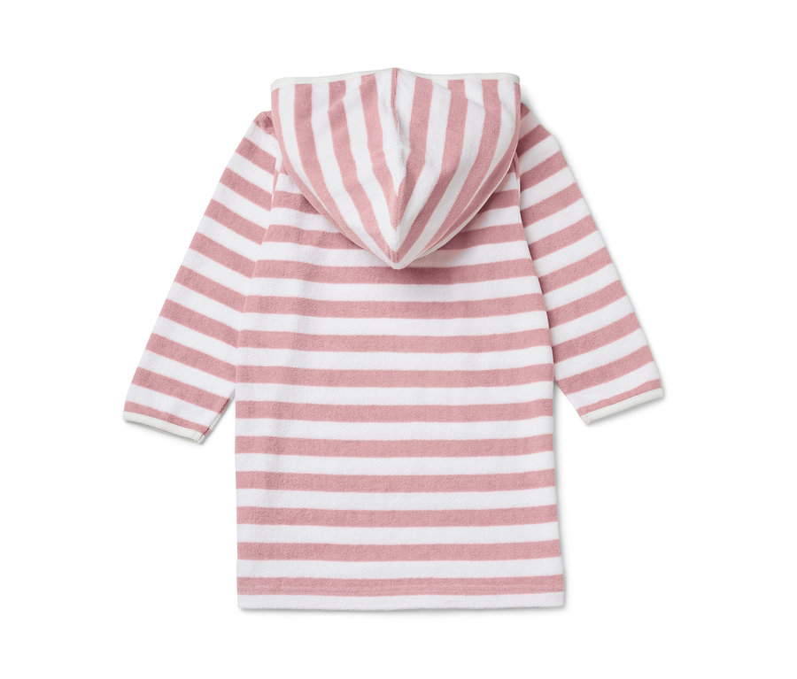 Rückansicht eines Kinder-Frottierponchos mit Kapuze in Weiß und Rosa gestreift.