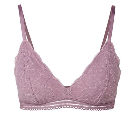 Lila Spitzen-BH mit Triangel-Cups und dünnen Trägern.