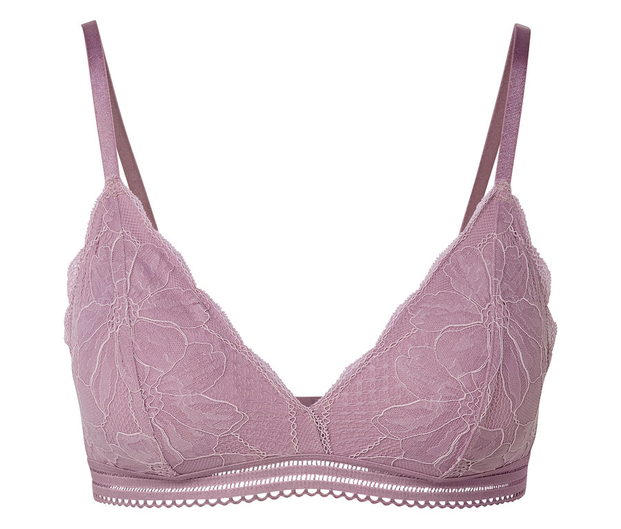 Lila Spitzen-BH mit Triangel-Cups und dünnen Trägern.