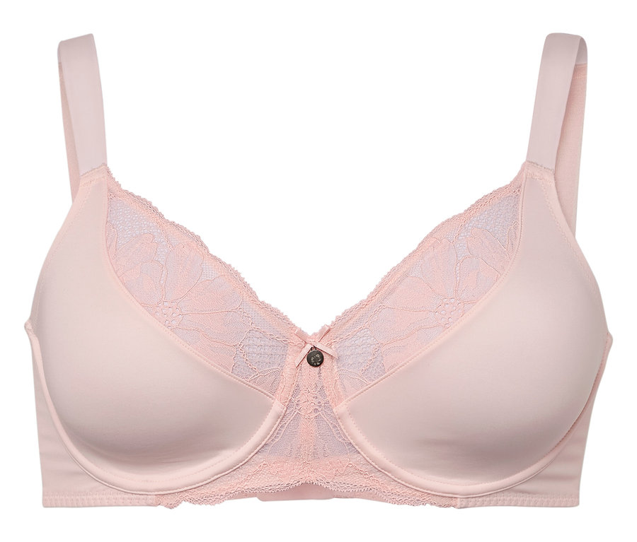Detailaufnahme eines hellrosa BHs mit Spitze.