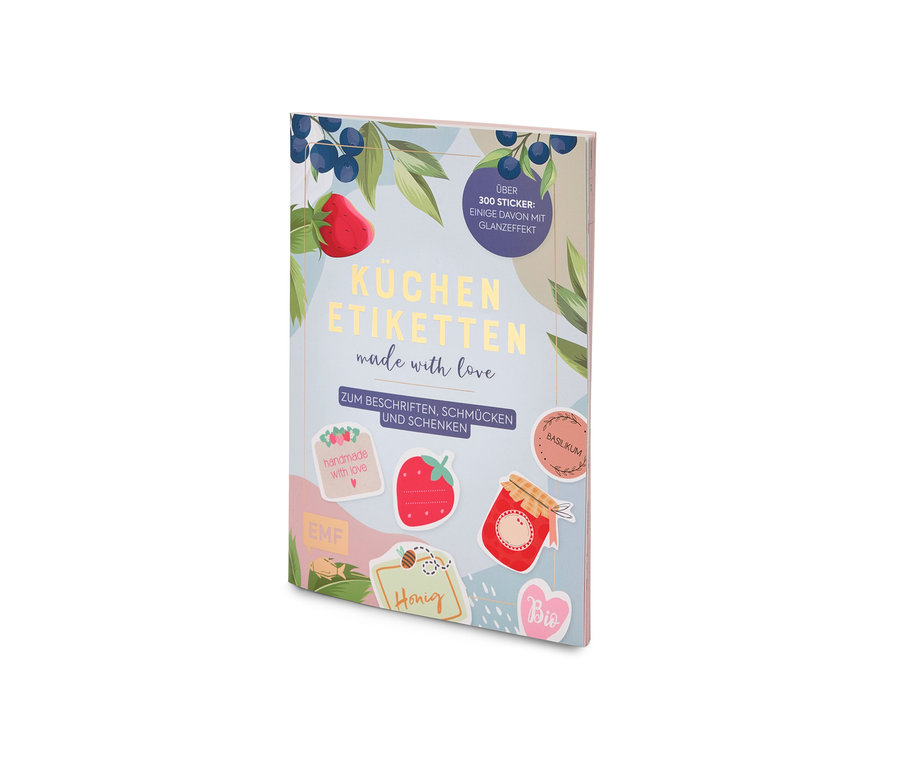 Buch "Küchenetiketten" mit Illustrationen von Obst und Kräutern.