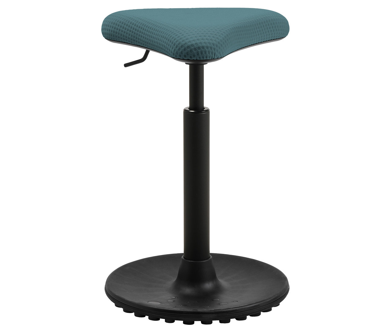 Ein Hocker mit einem blaugrünen, sattelförmigen Sitz und einem schwarzen, höhenverstellbaren Fuß auf weißem Hintergrund.