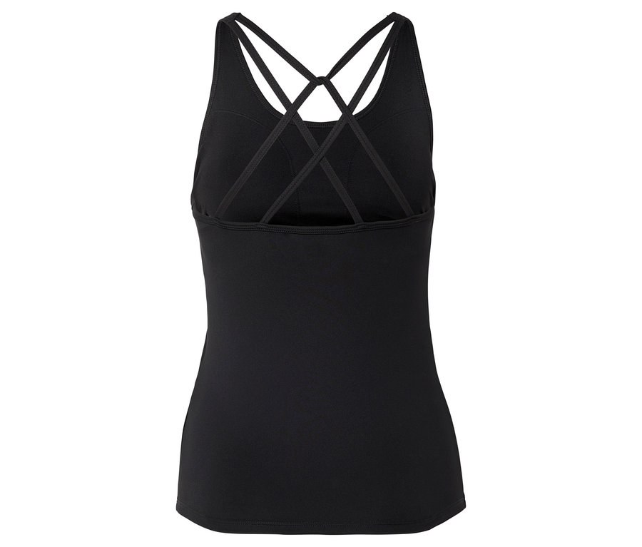 Schwarzes Tanktop mit überkreuzten Trägern im Rücken.
