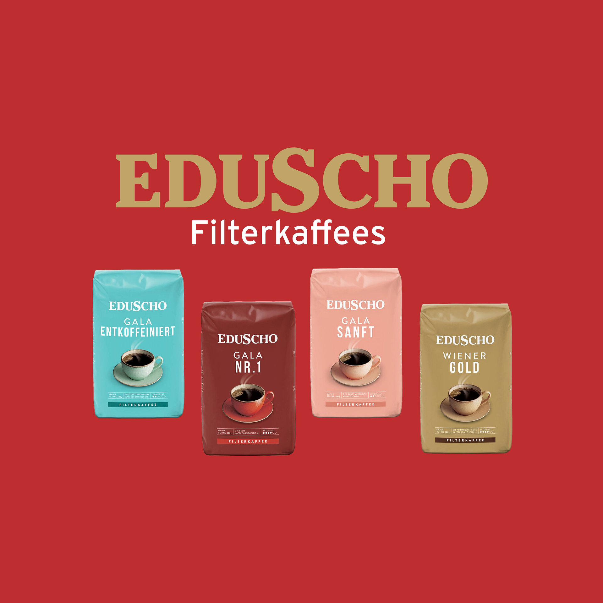 Vier Packungen Eduscho Filterkaffee Gala Entkoffeiniert, Gala Nr.1, Gala Sanft und Wiener Gold vor rotem Hintergrund.