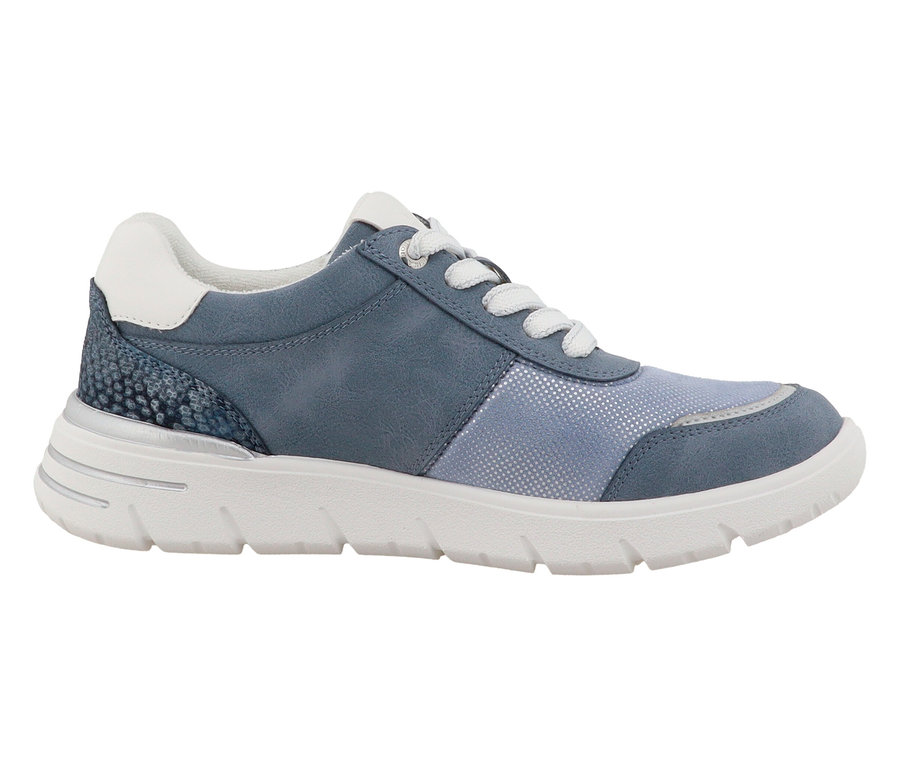 Blauer Damen-Sneaker mit weißen Schnürsenkeln und weißer Sohle.