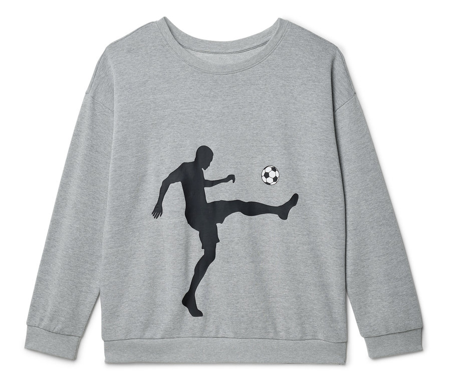 Graues Sweatshirt mit Silhouette eines Fußballspielers, der einen Ball tritt.