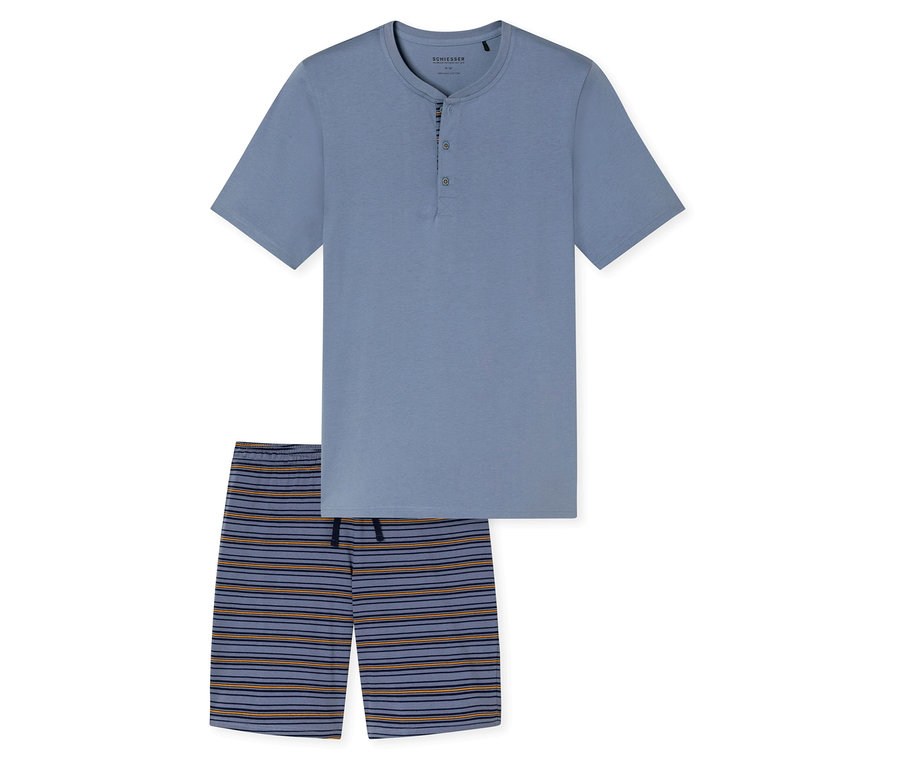 SCHIESSER Shorty-Set, bestehend aus einem blaugrauen Kurzarm-Henley-Shirt und gestreiften Shorts in Blaugrau mit dunkelblauen und orangefarbenen Streifen.