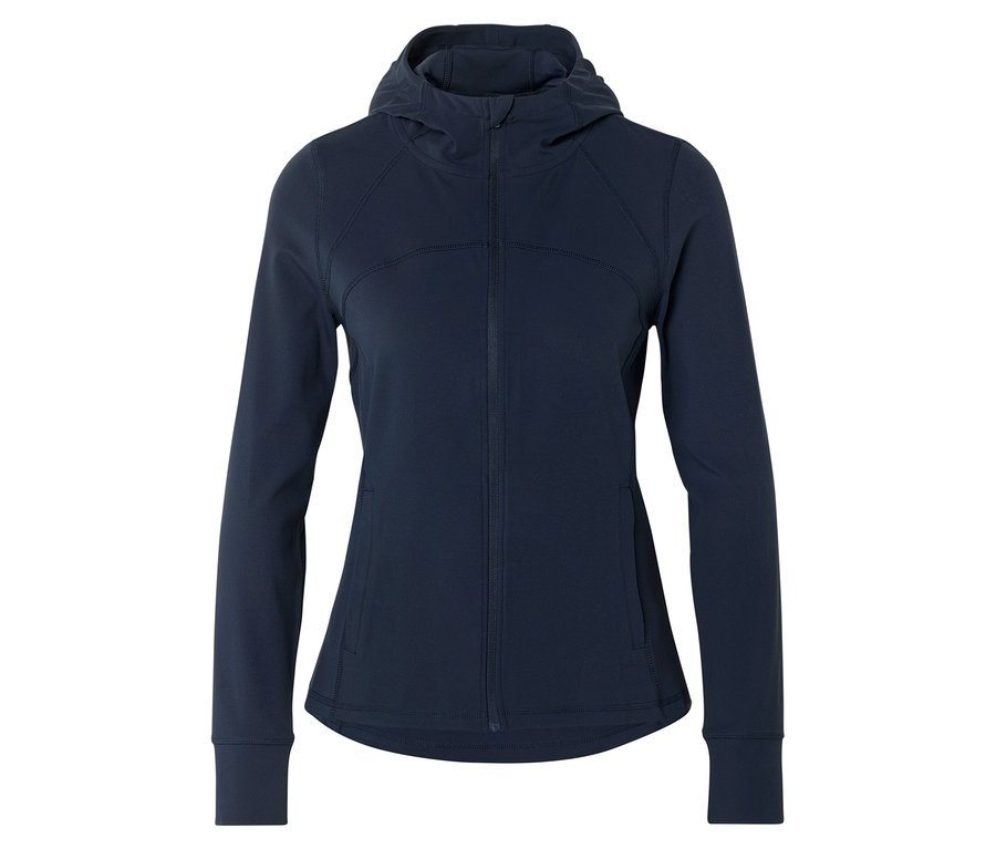 Marineblaue Kapuzenjacke mit durchgehendem Reißverschluss und langen Ärmeln vor einem weißen Hintergrund.