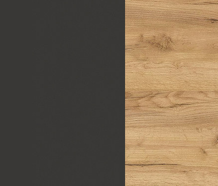 Rechts helles Holz mit Maserung, links einfarbig dunkelgrau.