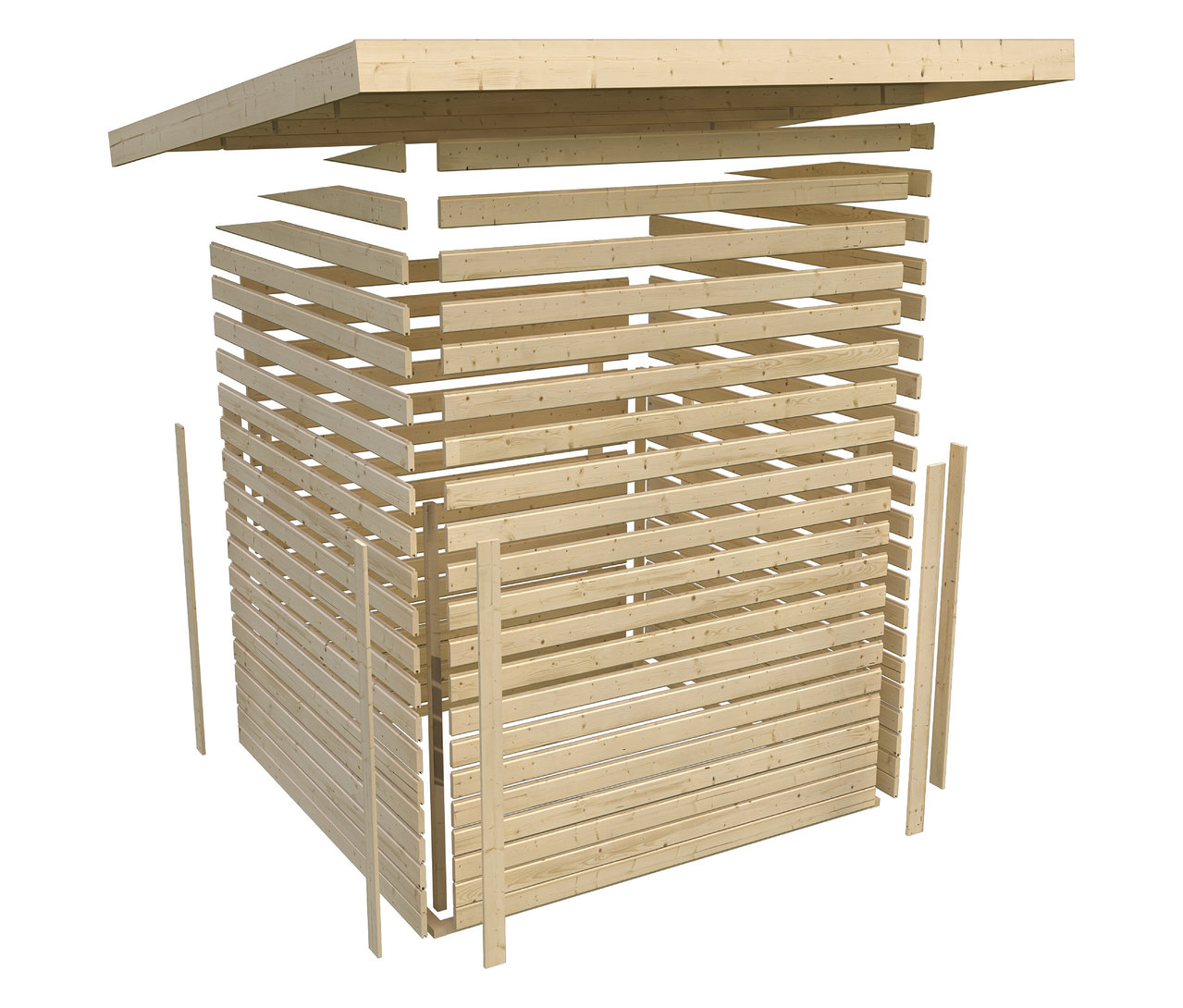 Unfertiger Holzschuppen mit horizontalen Brettern und einem Dach, der noch zusammengebaut werden muss.