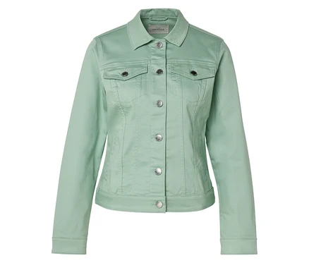 Hellgrüne Jeansjacke mit silbernen Knöpfen.
