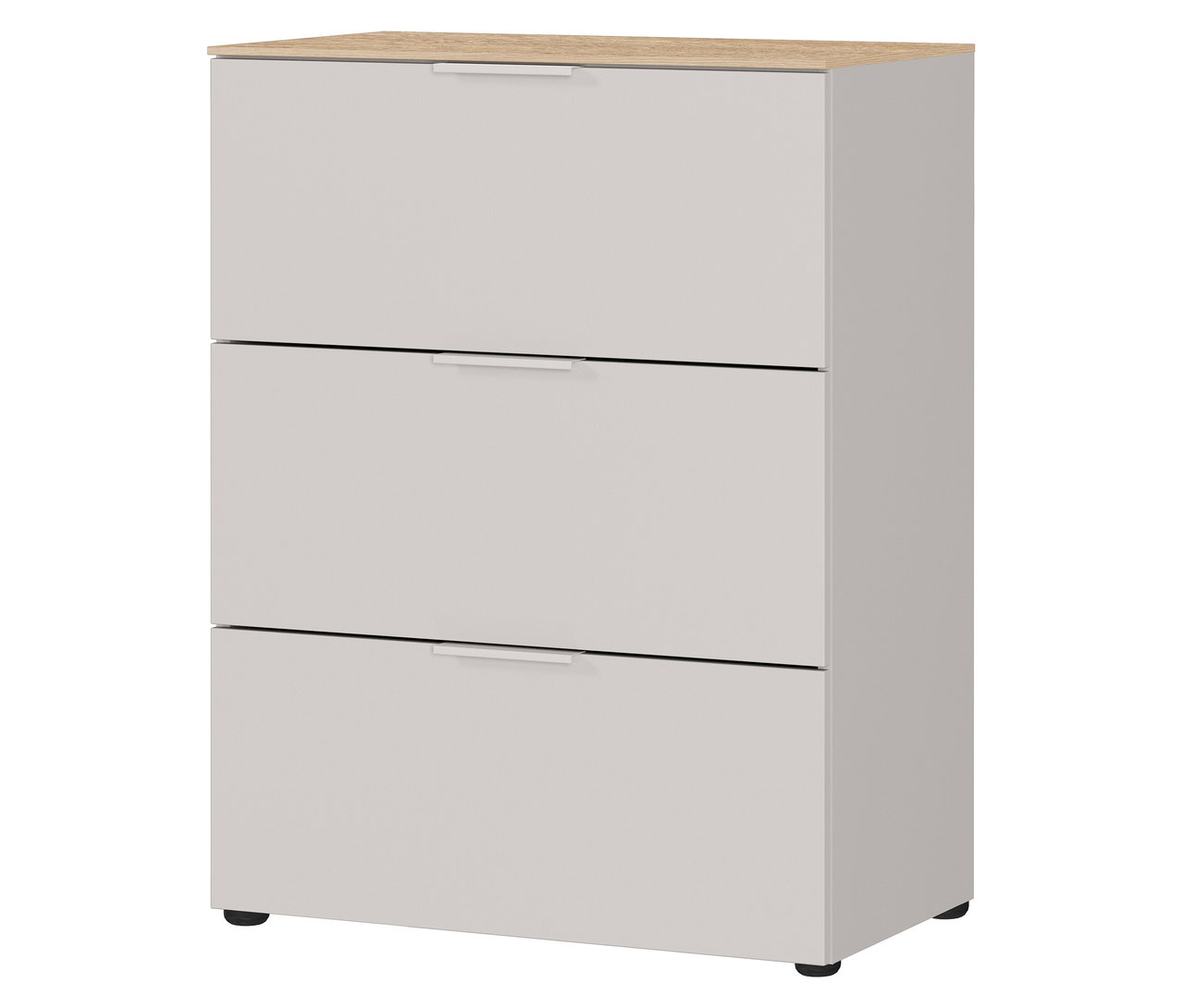 Eine kleine, kaschmirfarbene Kommode »Savoca« mit Eichenplatte ist vor einem weißen Hintergrund zu sehen.