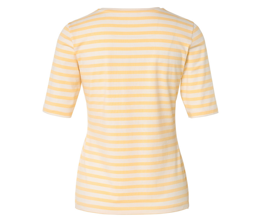 Rückansicht eines gelb-weiß gestreiften T-Shirts mit halben Ärmeln.