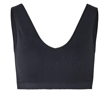 Schwarzes, geripptes Bustier mit V-Ausschnitt und breiten Trägern.