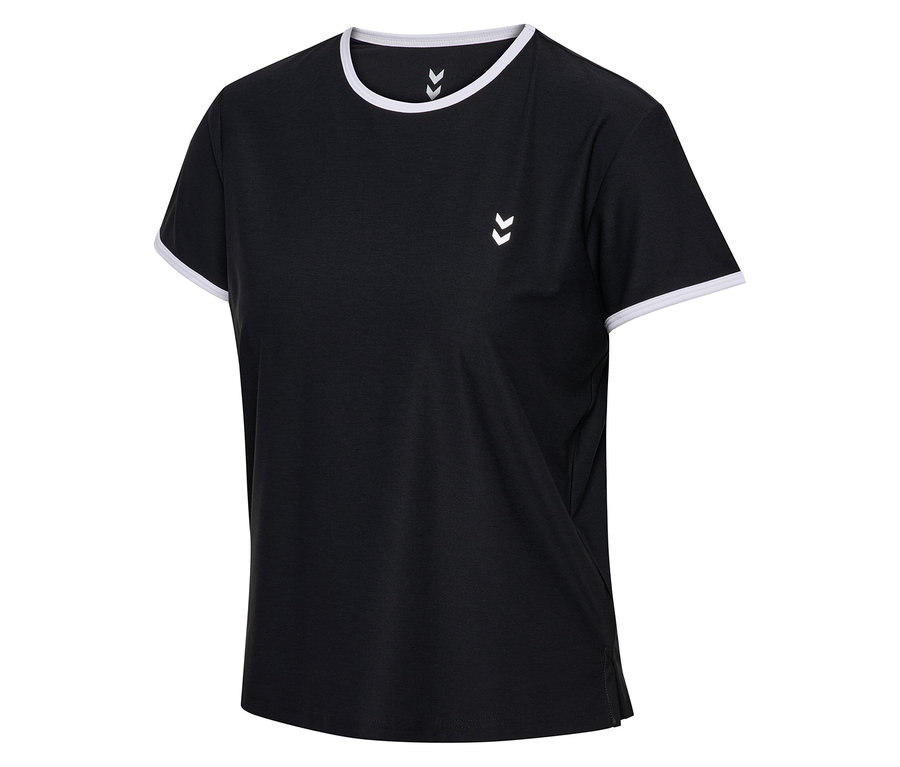 Schwarzes HUMMEL Damen-T-Shirt mit weißen Akzenten an Ärmeln und Kragen, sowie weißem Logo auf der Brust.