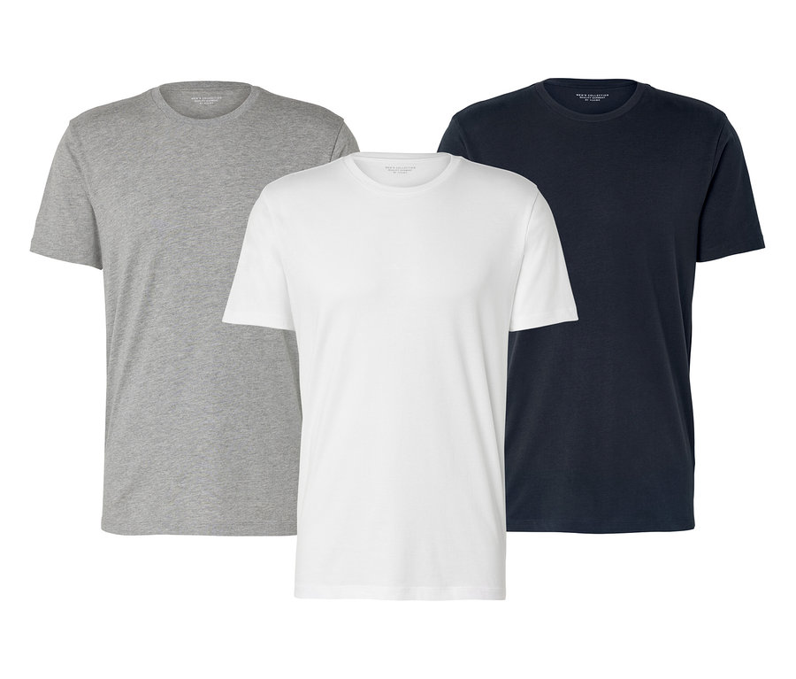 Drei 3 T-Shirts mit Rundhalsausschnitt in Grau, Weiß und Dunkelblau sind zu sehen.