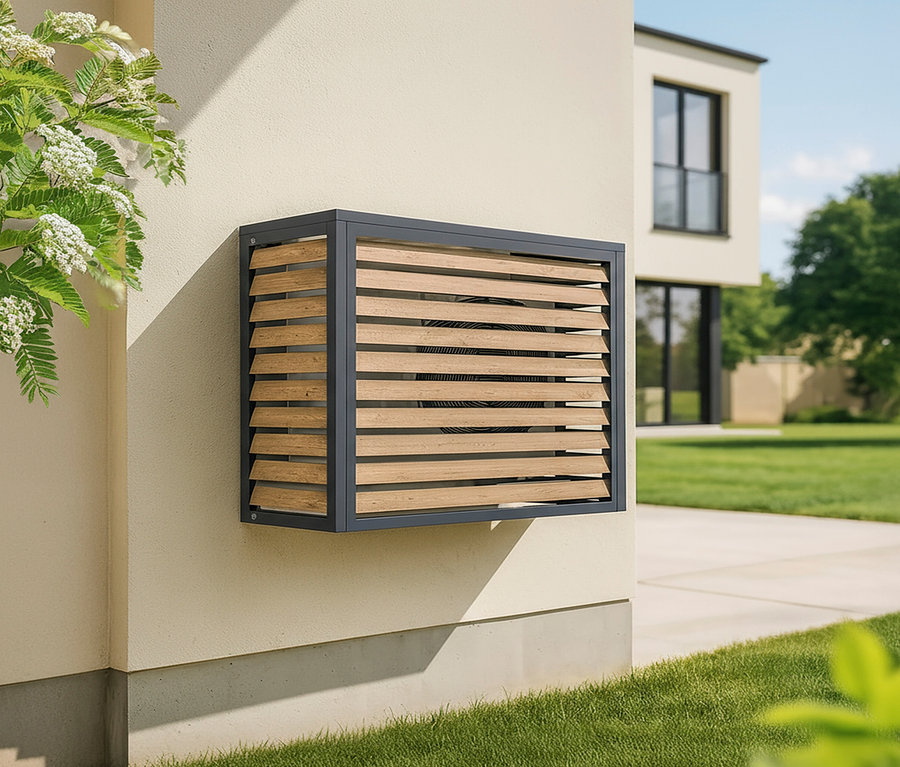 Eine graue, würfelförmige Klimaanlagenabdeckung mit horizontalen Holzlamellen ist an einer Hauswand befestigt.