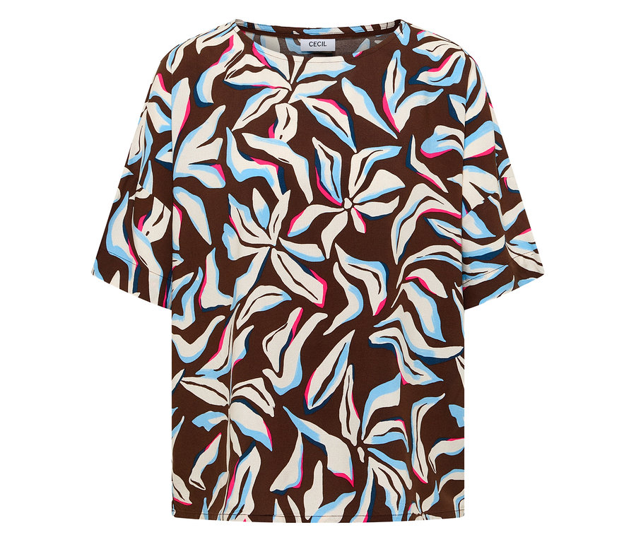 Nahaufnahme einer CECIL Kurzarmbluse mit braunem Grund und blau-weiß-pinkem Blumenmuster.