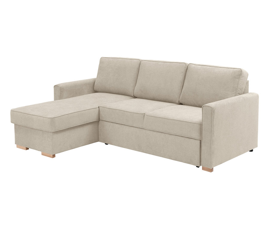 Beiges Ecksofa mit Ottomane links.