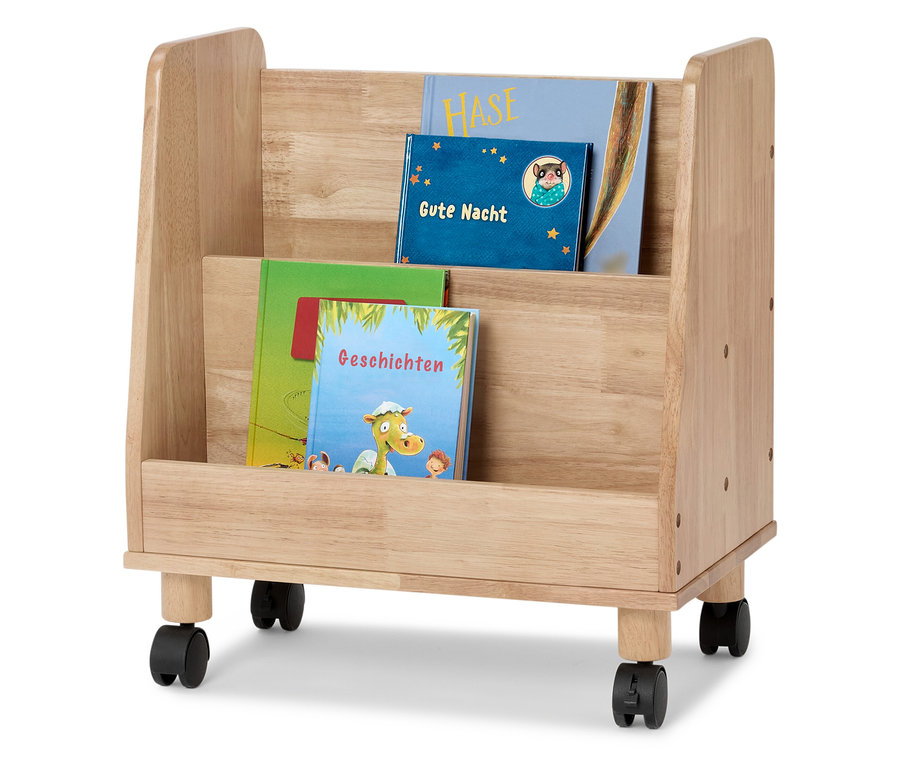 Helles Kinderbücherregal auf Rollen mit zwei Fächern, gefüllt mit bunten Kinderbüchern.