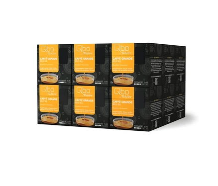 Ein Stapel Qbo Caffè Grande BELO SUL Kaffeekapsel-Boxen mit insgesamt 144 Kapseln. Jede orange-schwarze Box zeigt Kaffee in einer Tasse, '8x' und 'Intensität 5/10'.
