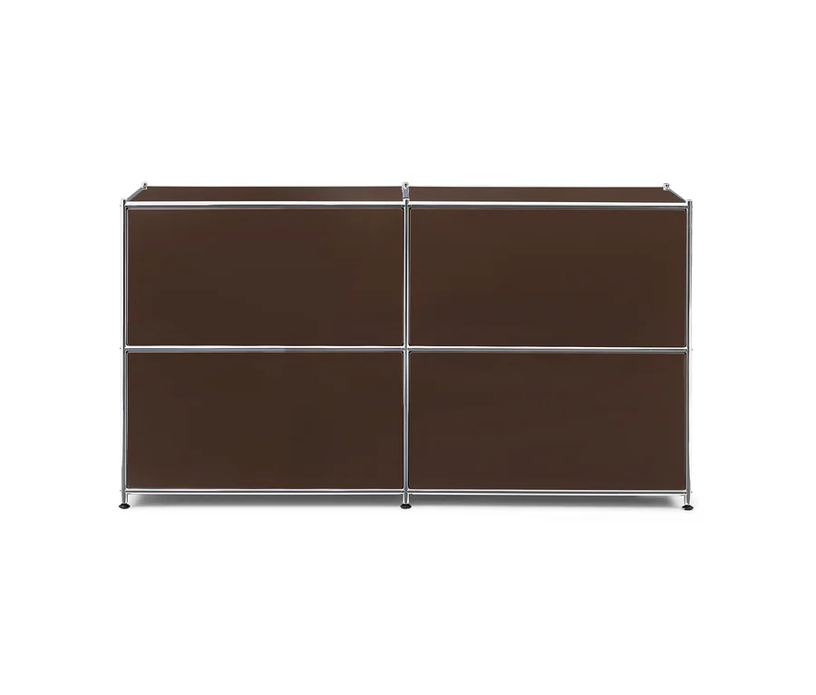 Ein brauner modularer Schrank mit vier rechteckigen Fächern und einem silbernen Rahmen, in zwei Reihen angeordnet.