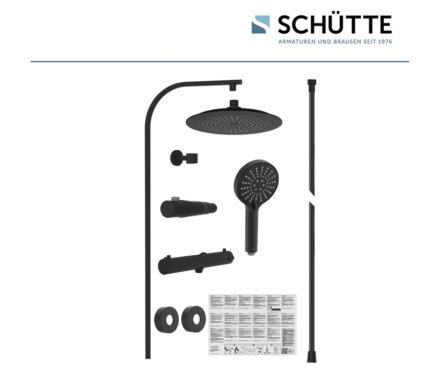 Schwarzes Überkopfbrause-Set »Madura Fresh« mit Kopfbrause, Handbrause und Bedienelementen.
