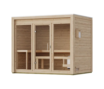 Helles Holzsaunahaus Karibu Clio 3 mit flachem Dach, drei Glasfronten, einer Glastür und Holzbänken im Inneren.