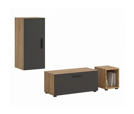 Graue xonox Wohnwand »The One« bestehend aus drei Möbelstücken in Holzoptik und Dunkelgrau. Ein Hochschrank mit dunkelgrauer Tür und schwarzem Griff, ein Lowboard mit dunkelgrauer Schubladenfront und schwarzem Griff, sowie ein offenes Regal mit weißen Büchern.