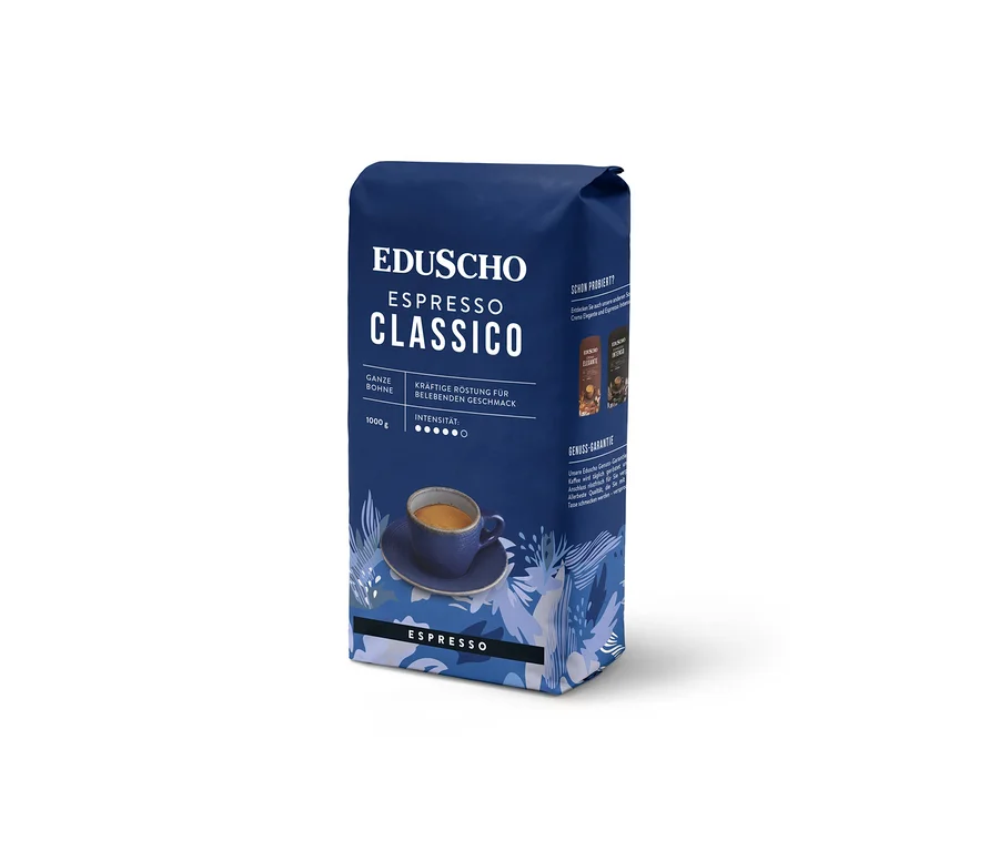 Eine Packung EDUSCHO Espresso Classico mit einer Tasse Espresso auf der Verpackung.