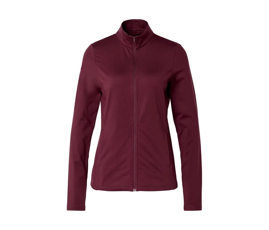 Burgunderrote Jacke mit durchgehendem Reißverschluss und Stehkragen.