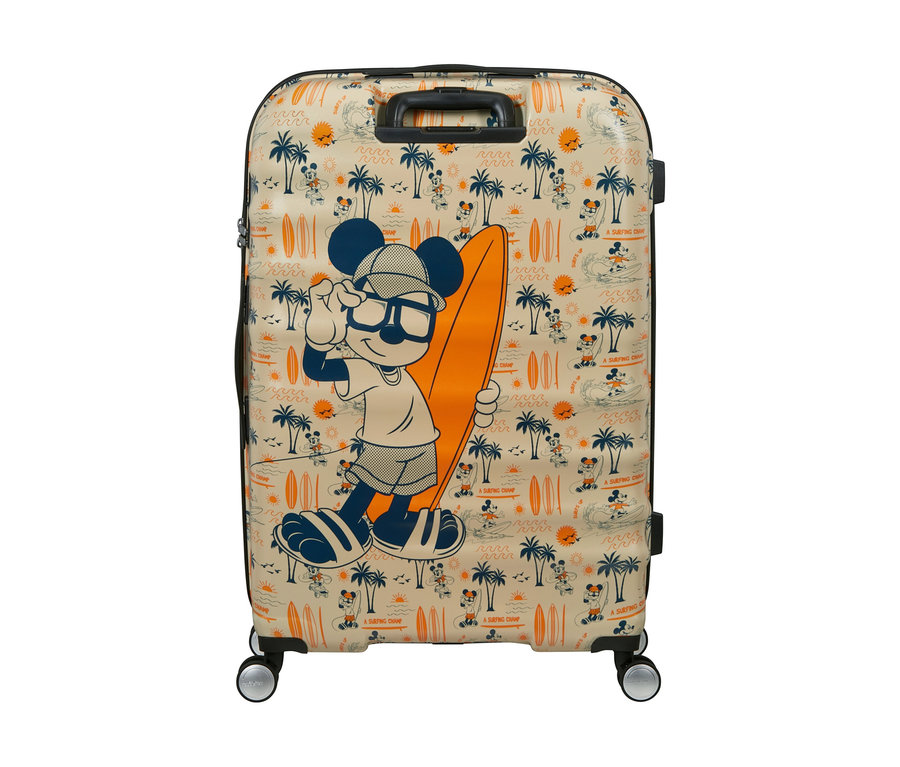 Beiger Koffer mit Surfer-Muster: Micky Maus mit orangefarbenem Surfbrett, Palmen, Wellen und dem Text „A SURFING CHAMP“.