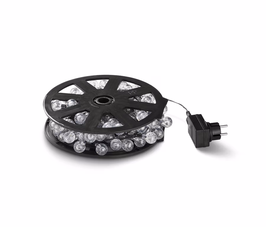 Eine schwarze Spule mit einer LED-Outdoor-Lichterkette.