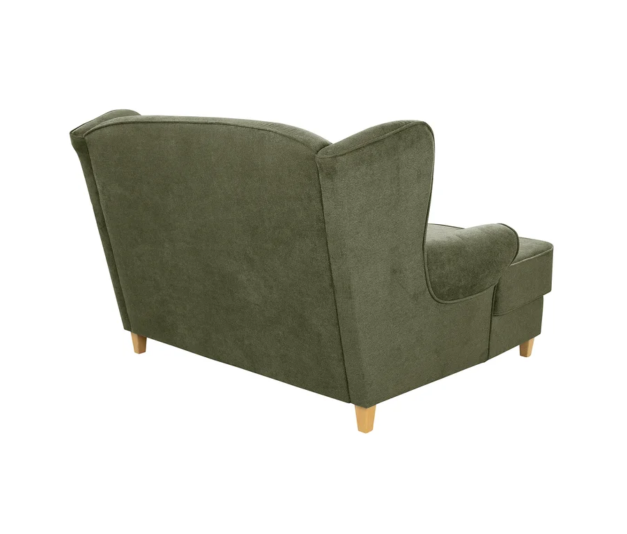 Olivgrünes Sofa mit strukturierter Polsterung, hoher Rückenlehne und hellen Holzfüßen, von hinten und seitlich gesehen.