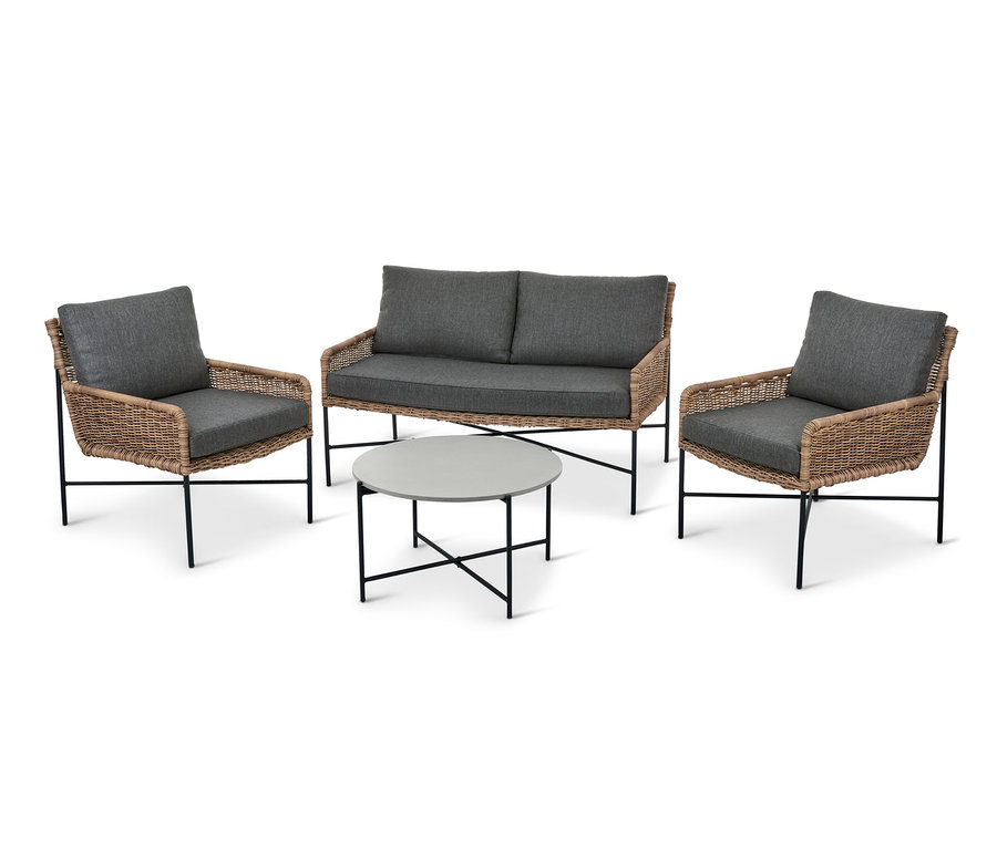 Gartensofa-Set in Bambusoptik mit zwei Sesseln, einem Sofa und einem Tisch.