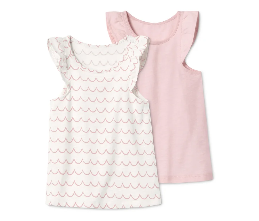 Zwei Jersey-Shirts: ein weißes mit rosa Wellenmuster und ein rosa.