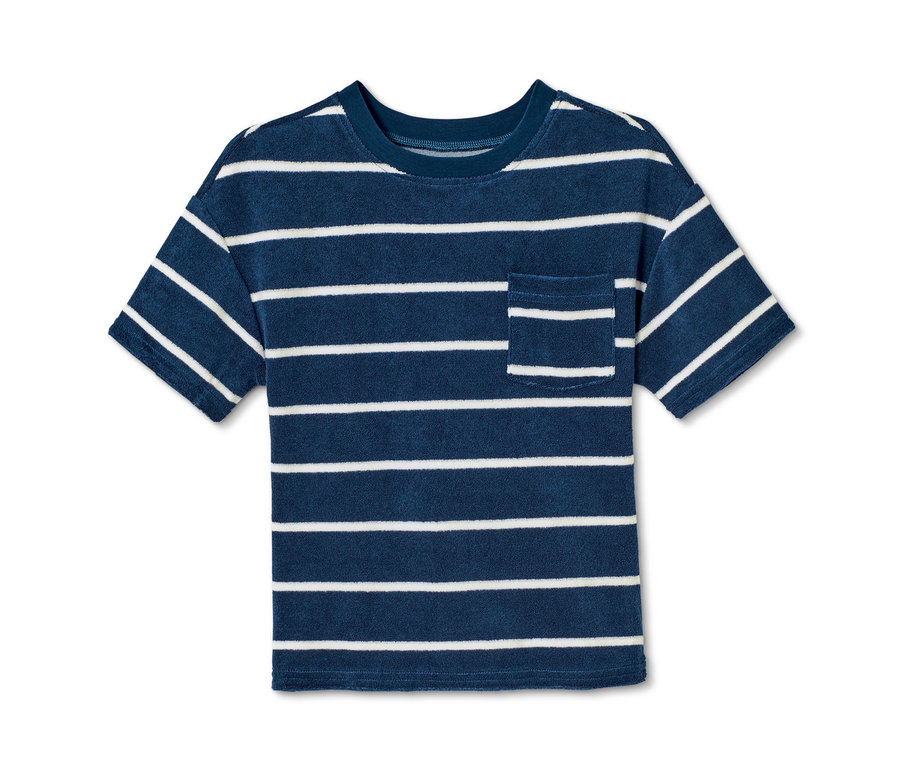 Blaues Frottier-Shirt mit weißen Streifen und Brusttasche.