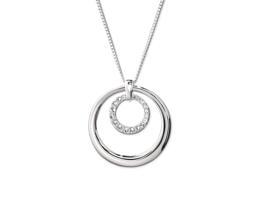 Eine silberfarbene Kette mit einem Anhänger, der aus zwei Kreisen besteht, einer innerhalb des anderen. Der kleinere Kreis ist mit Kristallen von Swarovski® veredelt.
